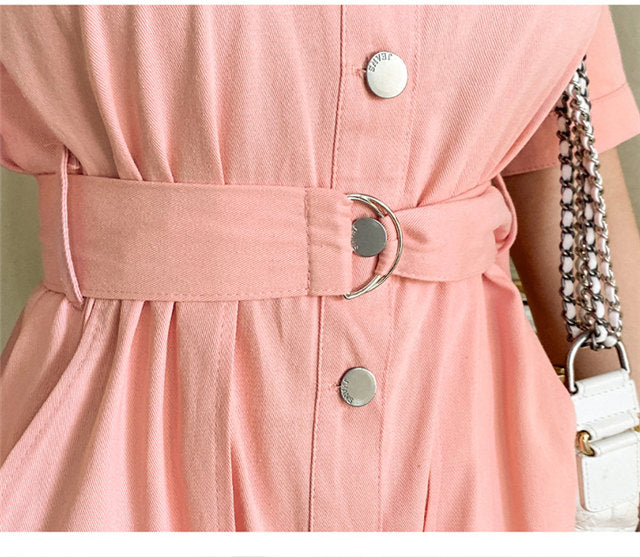 CM-JF060203 Women Casual Seoul Style Single-Breasted Shirt Collar Long Jumpsuit - Pink