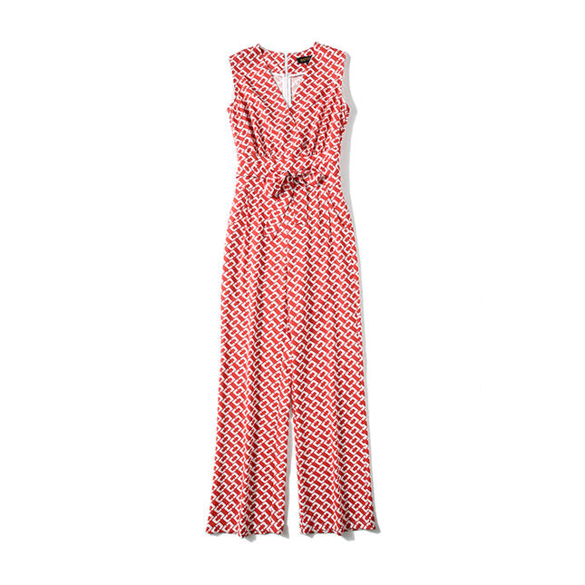 CM-JF061503 Women Elegant European Style Tie Waist V-Neck Tank Long Jumpsuit - Red