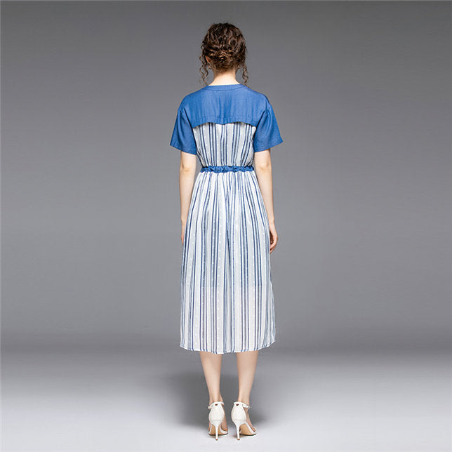 CM-DF070412 Women Elegant European Style Single-Breasted Stripes Denim Loosen Dress