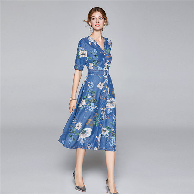 CM-DF070414 Women Elegant European Style V-Neck Floral Print Denim A-Line Dress