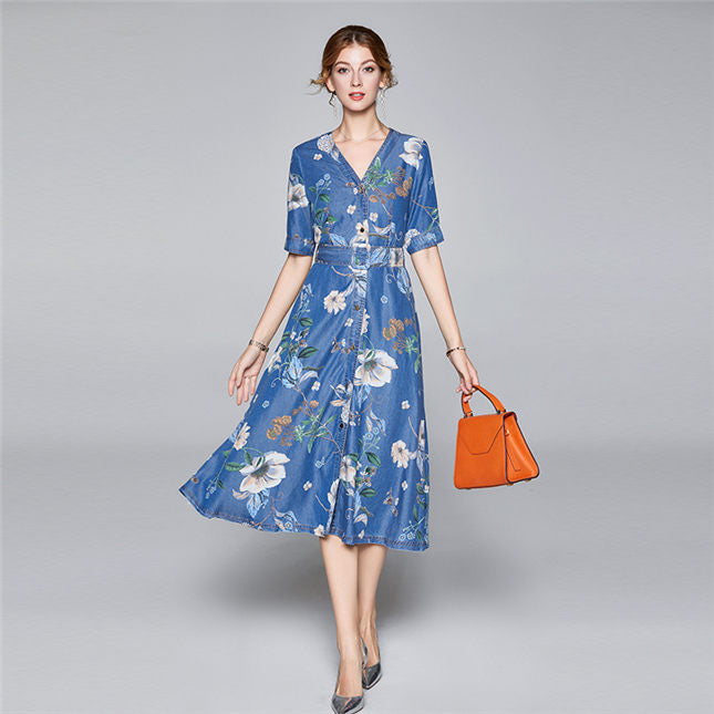CM-DF070414 Women Elegant European Style V-Neck Floral Print Denim A-Line Dress