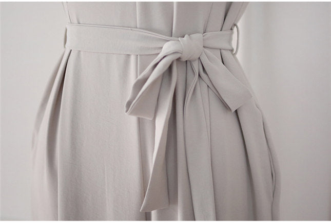 CM-JF071302 Women Casual Seoul Style Lace Doll Collar Tie Waist Wide-Leg Jumpsuit - Khaki