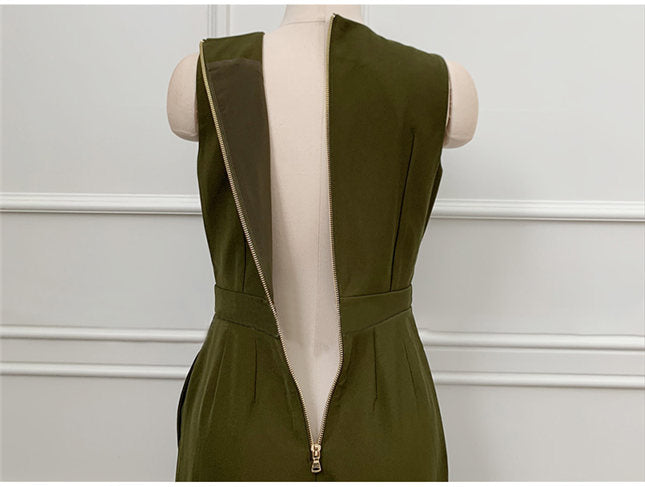 CM-JF072903 Women Casual Seoul Style Double-Breasted V-Neck Tank Long Jumpsuit - Green