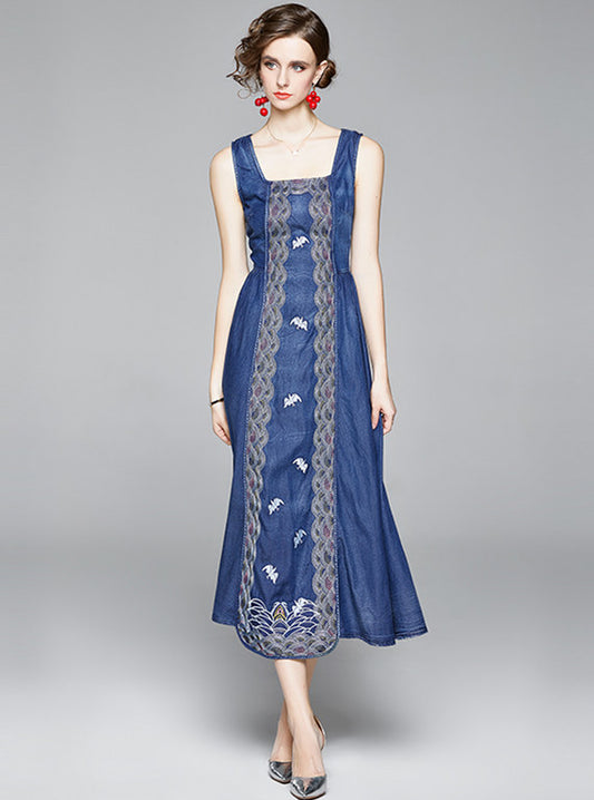 CM-DF090301 Women Casual European Style Square Collar Embroidery Denim Tank Dress - Blue