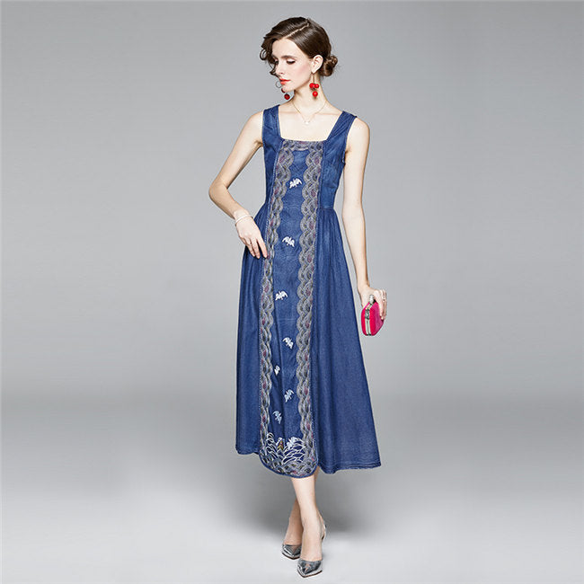 CM-DF090301 Women Casual European Style Square Collar Embroidery Denim Tank Dress - Blue