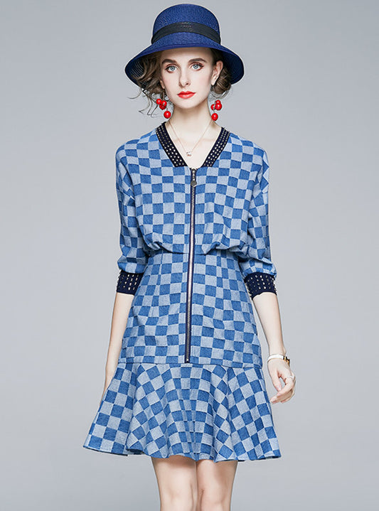 CM-DF090310 Women Casual European Style Zipper V-Neck Plaids Fishtail Denim Dress - Blue