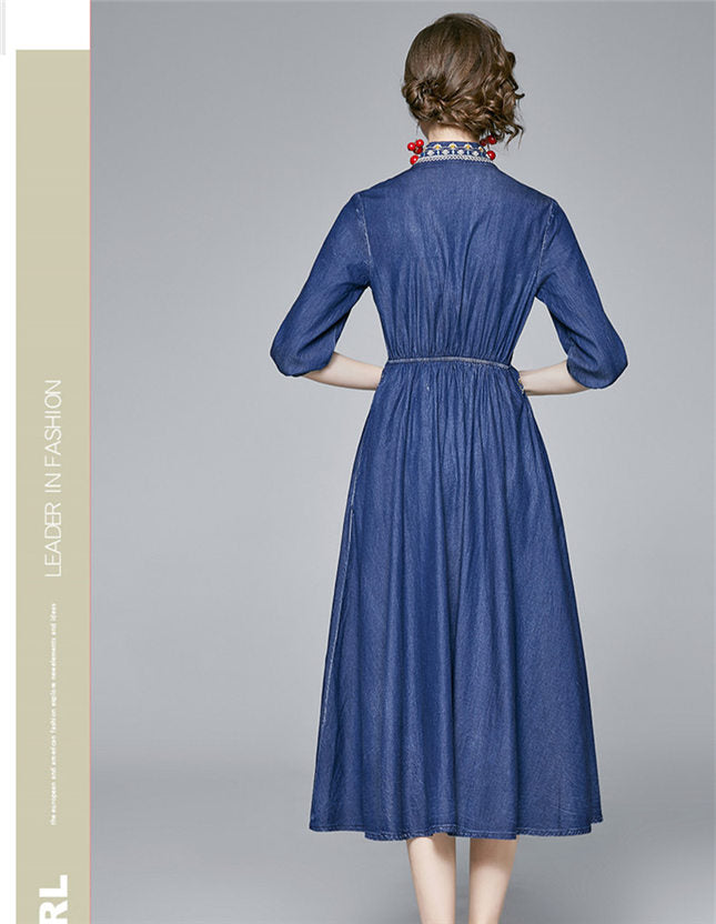 CM-DF091001 Women Retro European Style Embroidery High Waist V-Neck Denim Dress