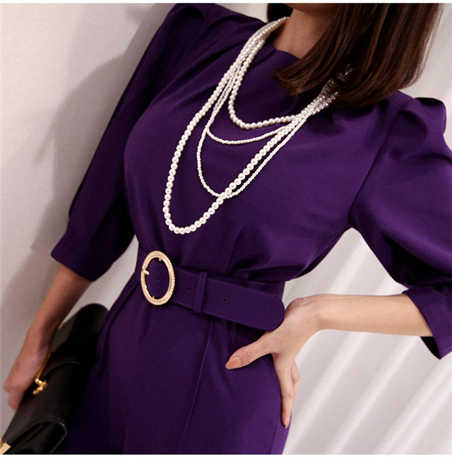 CM-JF112013 Women Elegant Seoul Style Long Sleeve High Waist Wide-Leg Long Jumpsuit - Purple