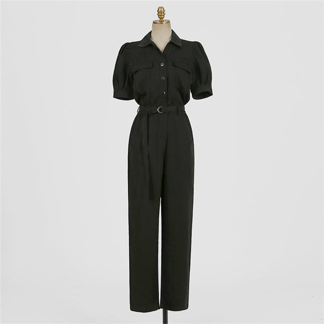 CM-JF030327 Women Casual Seoul Style High Waist Shirt Collar Slim Long Jumpsuit - Black