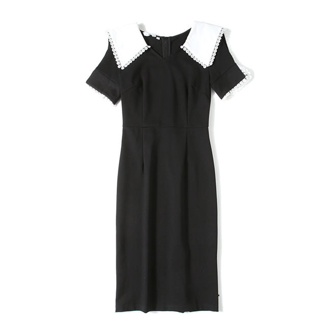 CM-DS061406 Women Retro Seoul Style Doll Collar Short Sleeve Bodycon Dress - Black