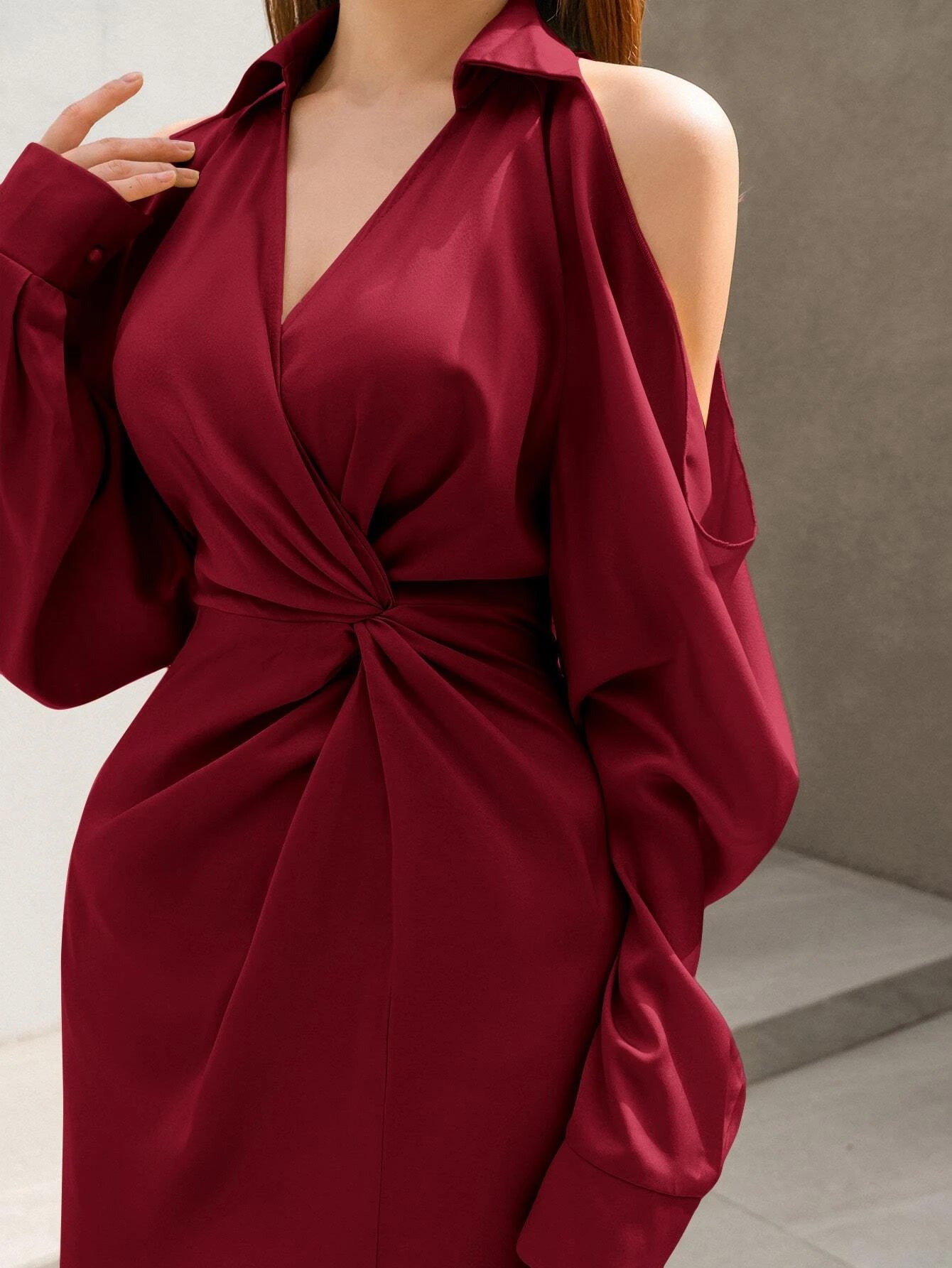 CM-DS115003 Women Elegant Seoul Style Cold Shoulder Twist Front Split Thigh Dress - Burgundy