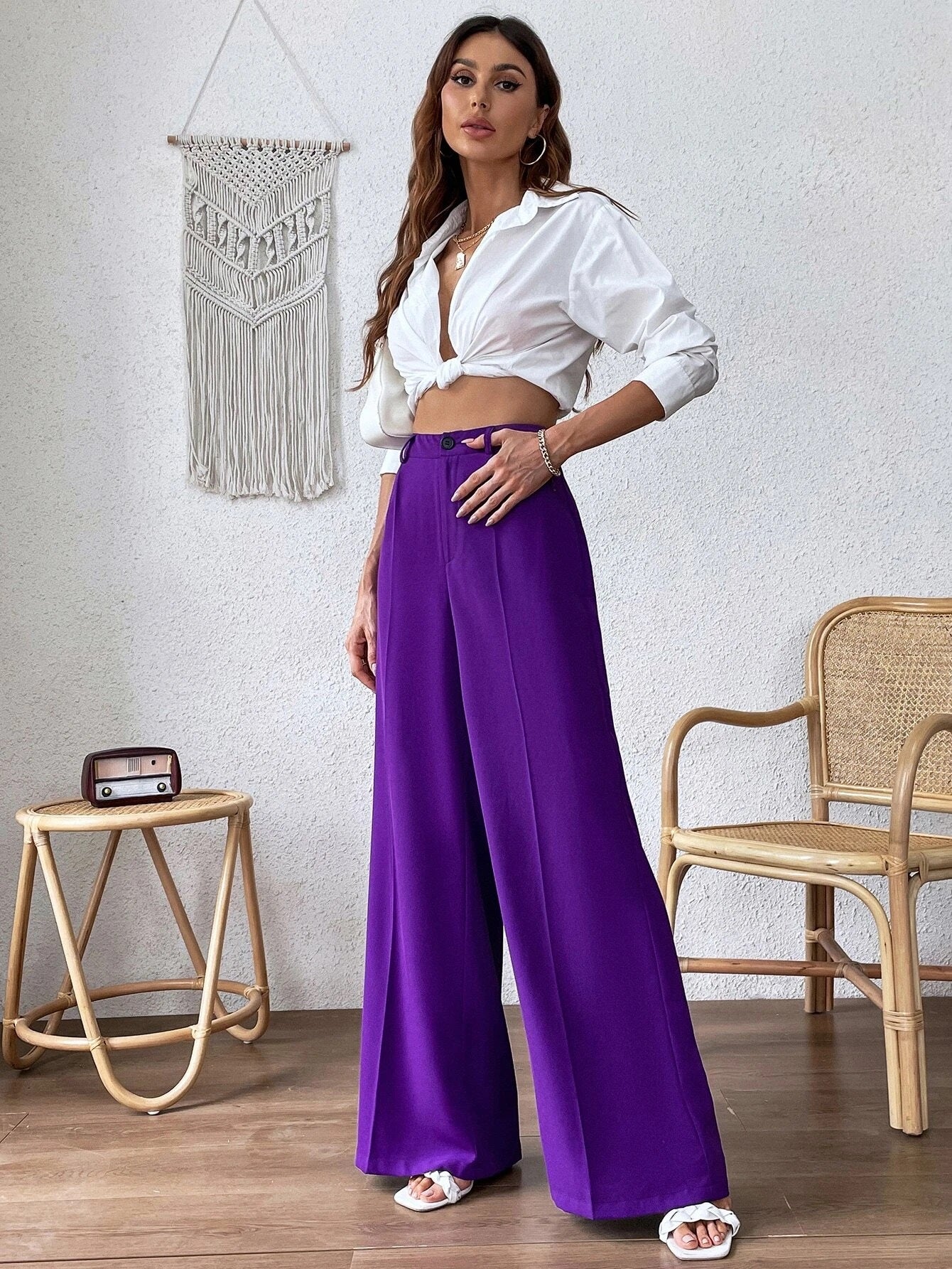 CM-BS967022 Women Casual Seoul Style High Waist Seam Detail Wide Leg Pants - Purple