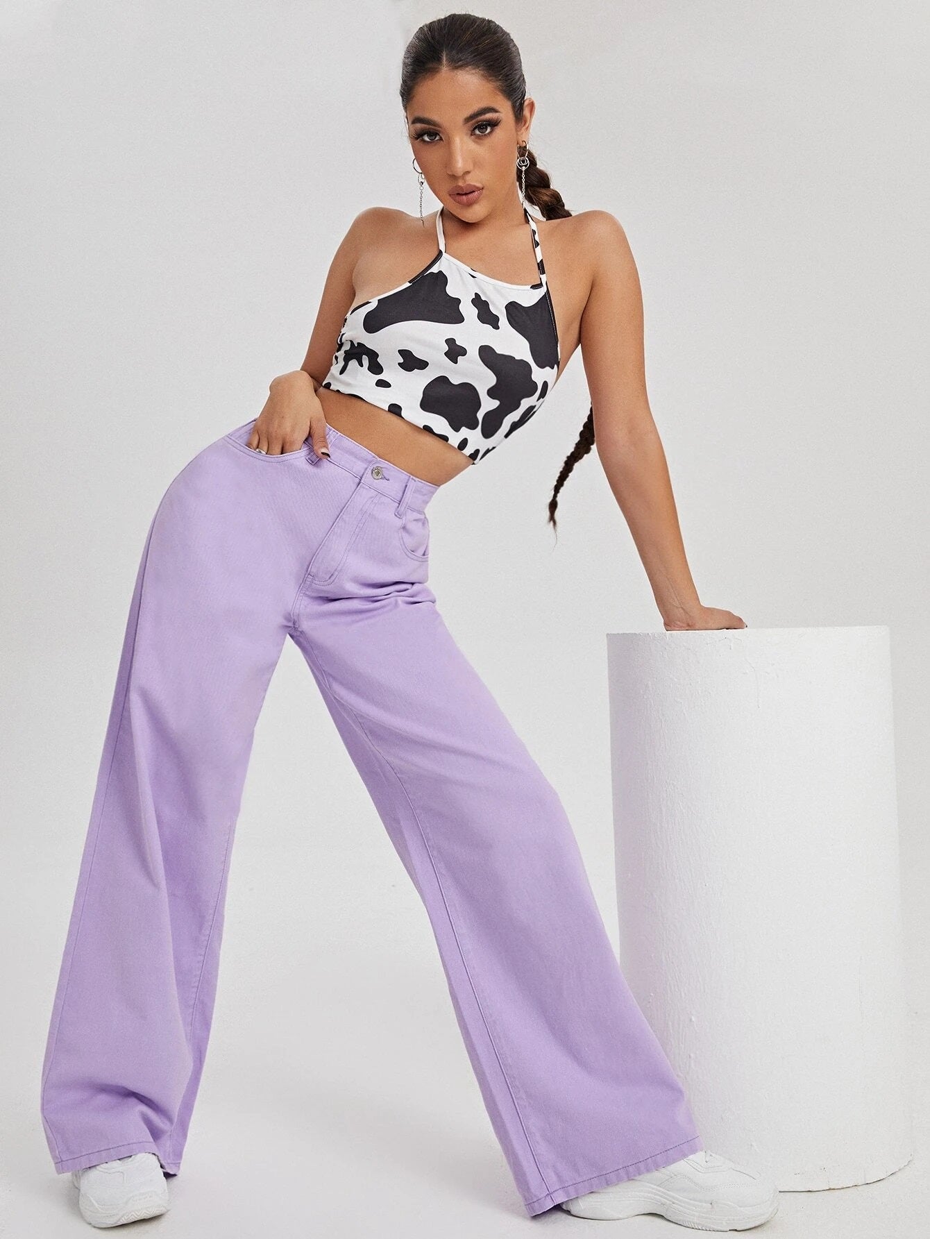 CM-BS309320 Women Preppy Seoul Style High-Rise Wide Leg Jeans - Purple
