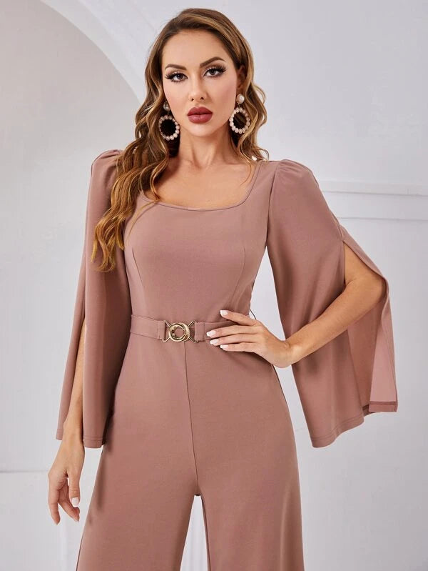 CM-JS662427 Women Elegant Seoul Style Split Sleeve Wide Leg Belted Jumpsuit - Dusty Pink