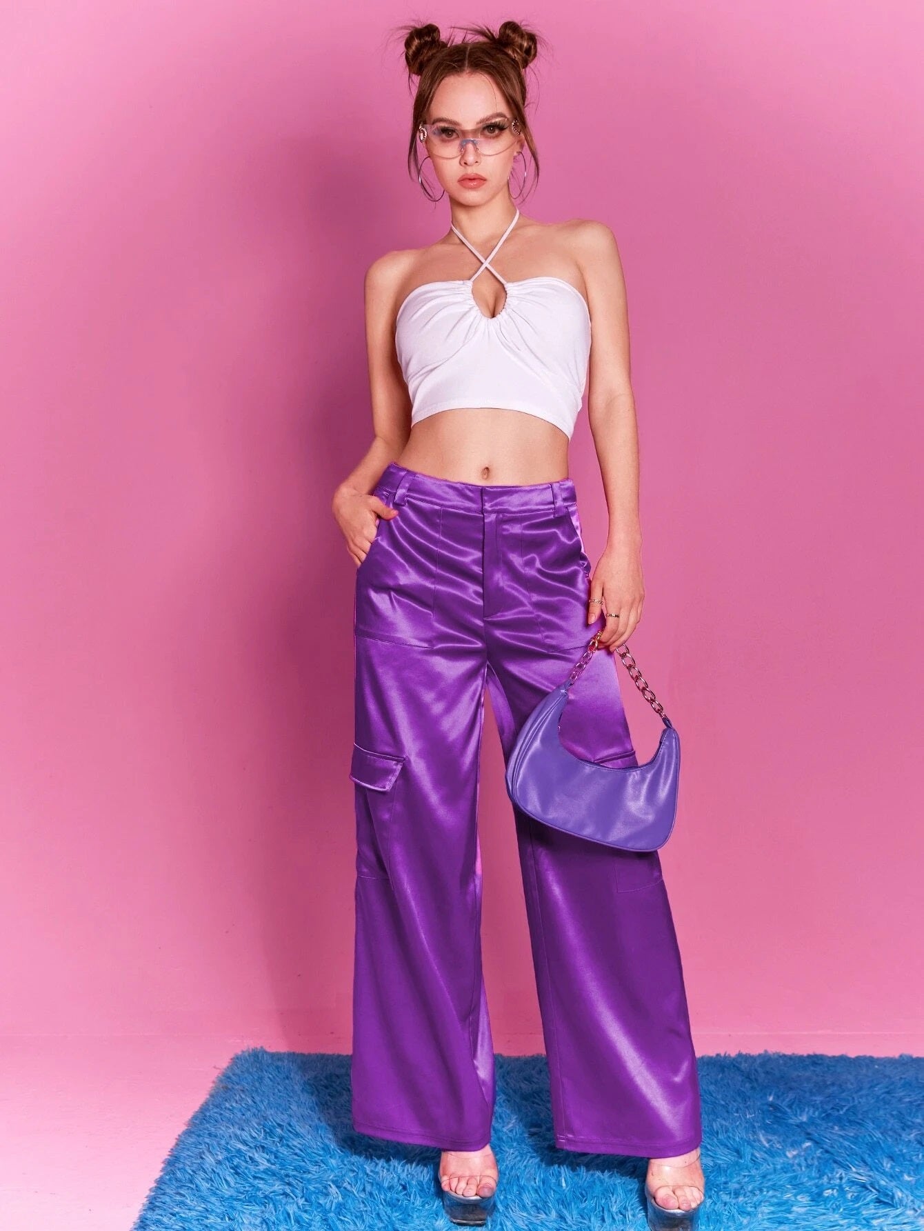 CM-BS694243 Women Elegant Seoul Style Low Rise Flap Pocket Satin Wide Leg Pants - Purple
