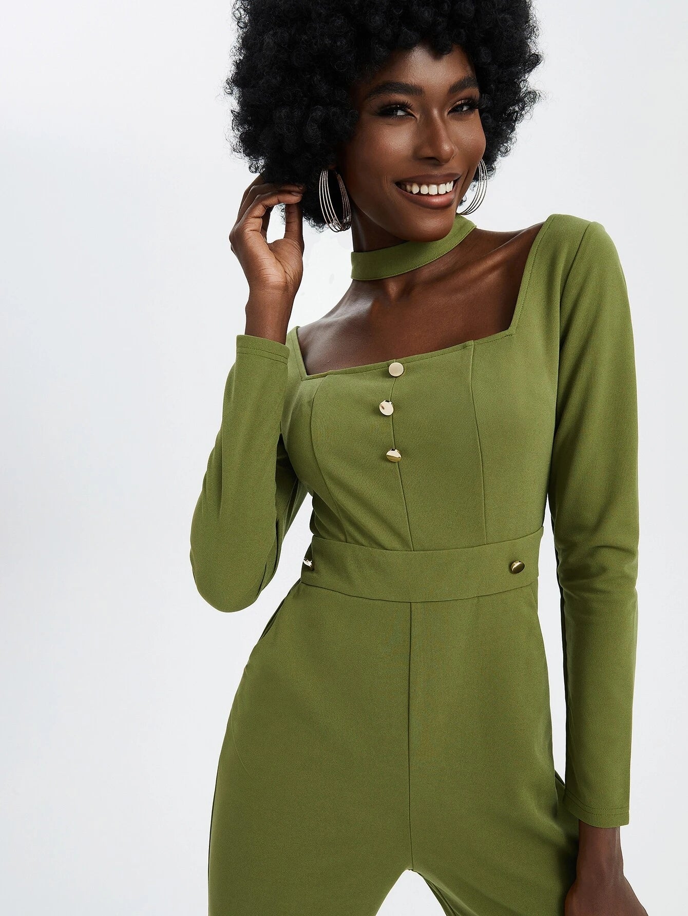 CM-JS706737 Women Elegant Seoul Style Square Neck Button Detail Flare Leg Jumpsuit
