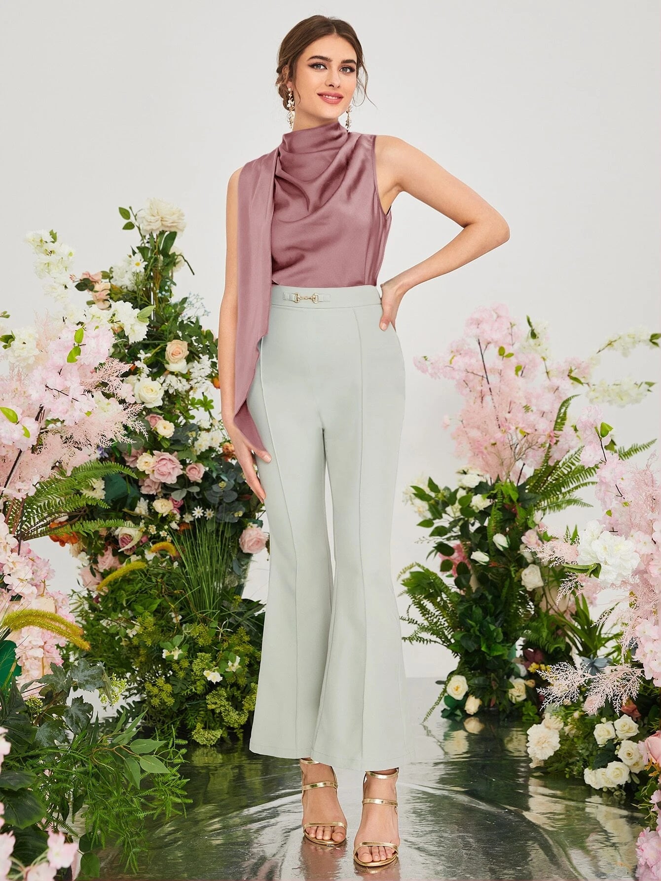 CM-TS198509 Women Casual Seoul Style Sleeveless Draped Keyhole Back Blouse - Dusty Pink