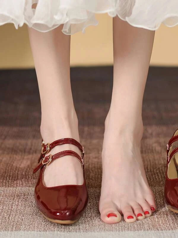 CM-SHS615391 Women Trendy Seoul Style Buckle Detail Slingback Flats - Burgundy
