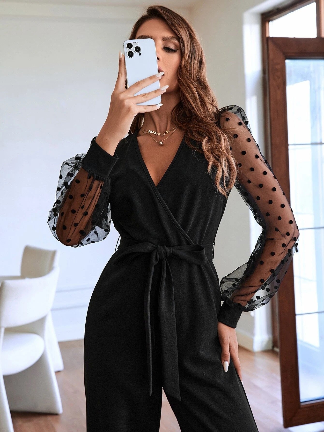 CM-JS578871 Women Elegant Seoul Style Contrast Dobby Mesh Lantern Sleeve Belted Jumpsuit