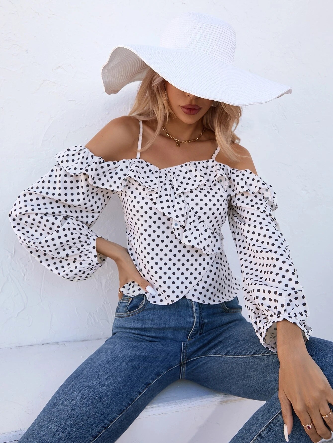 CM-TS285376 Women Casual Seoul Style Polka Dot Cold Shoulder Ruffle Trim Lantern Sleeve Blouse