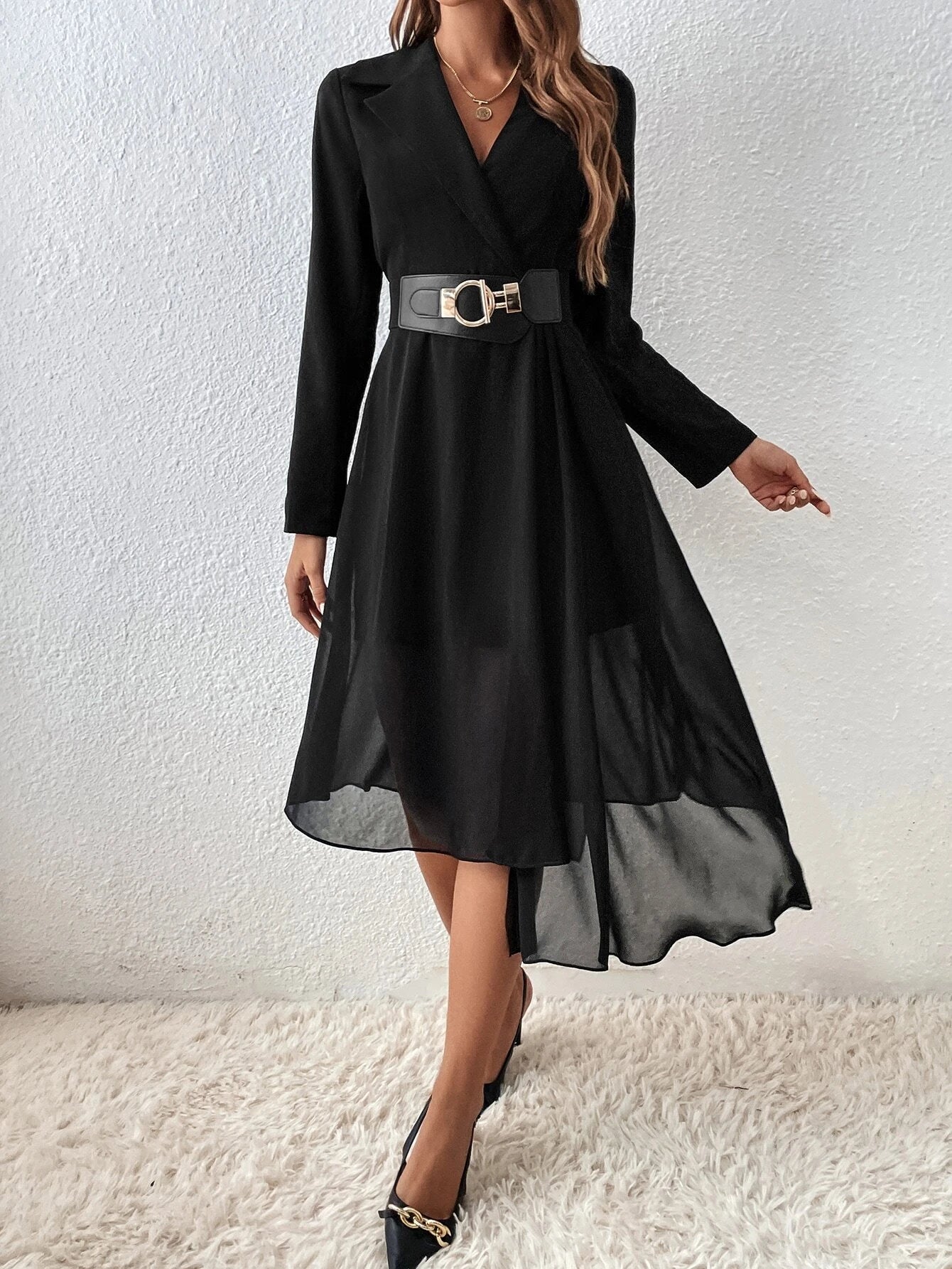 CM-DS338512 Women Elegant Seoul Style Lapel Neck Wrap Detail High Low Hem Belted Dress