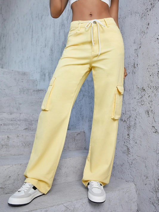 CM-BS126821 Women Casual Seoul Style Flap Pocket Drawstring Waist Cargo Jeans - Yellow