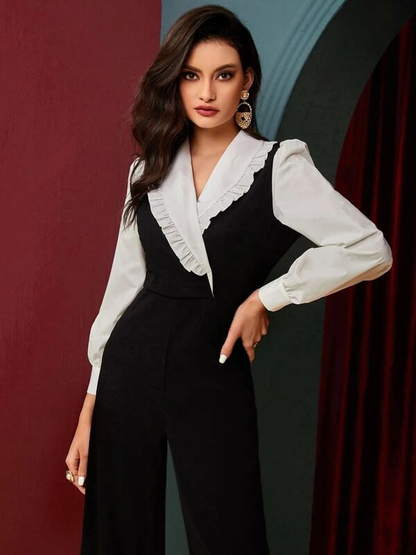 CM-JS846646 Women Elegant Seoul Style Colorblock Ruffle Trim Jumpsuit - Black