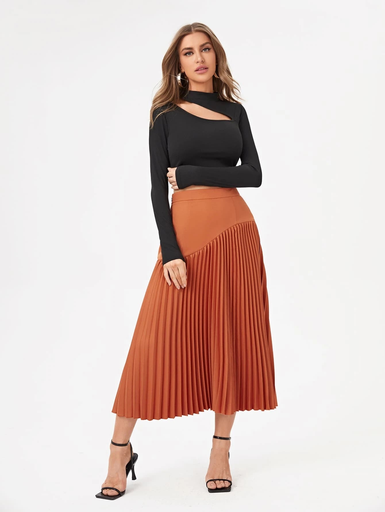 CM-BS142483 Women Elegant Seoul Style Solid High Waist Pleated Skirt - Orange