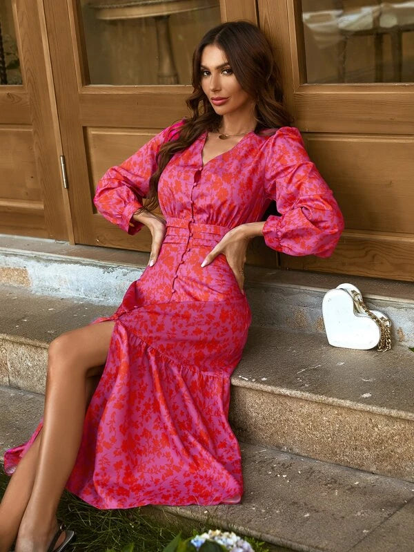 CM-DS068270 Women Trendy Bohemian Style Floral Print Button Front Split Thigh Dress