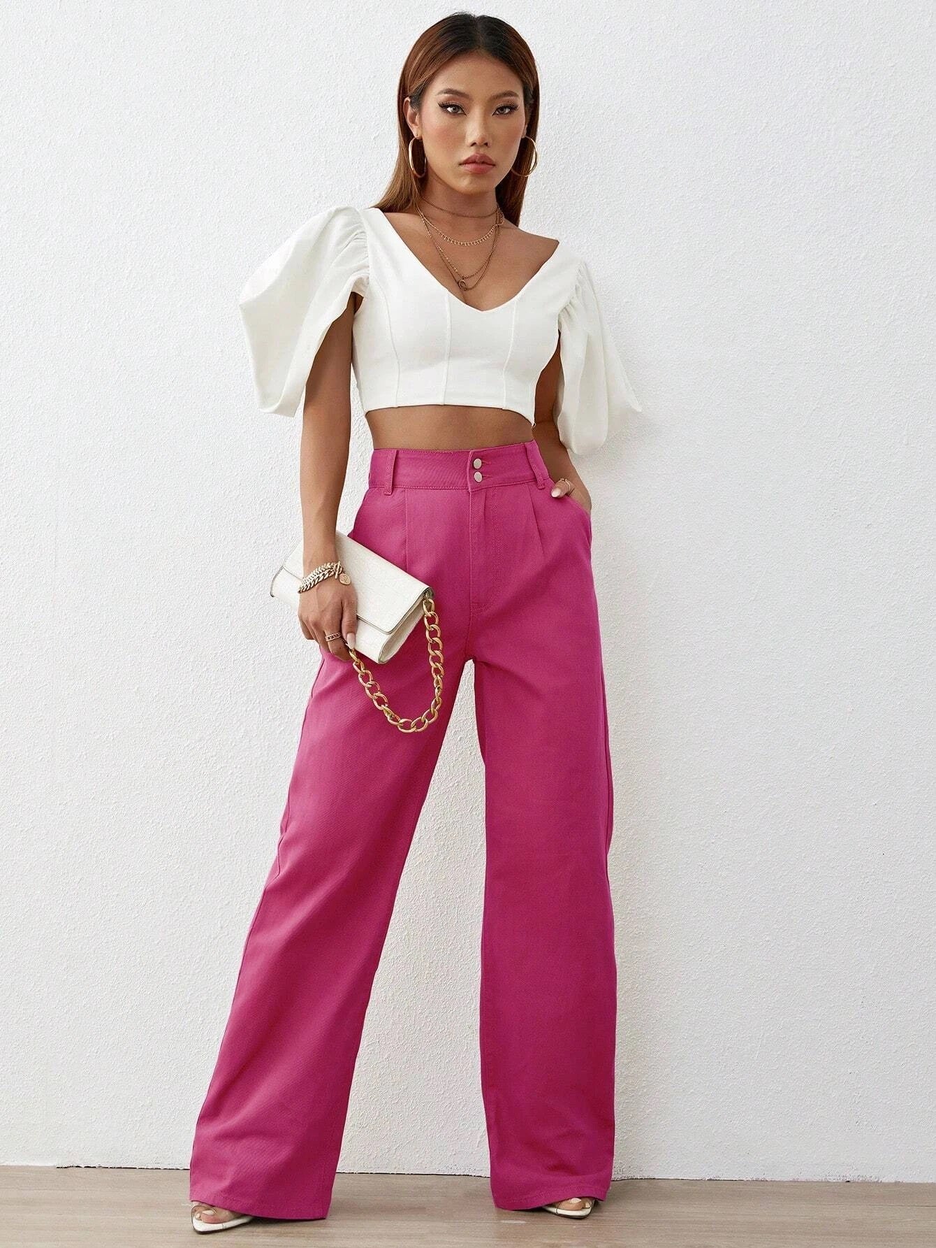 CM-BS959569 Women Preppy Seoul Style Solid High Waist Wide Leg Jeans - Hot Pink