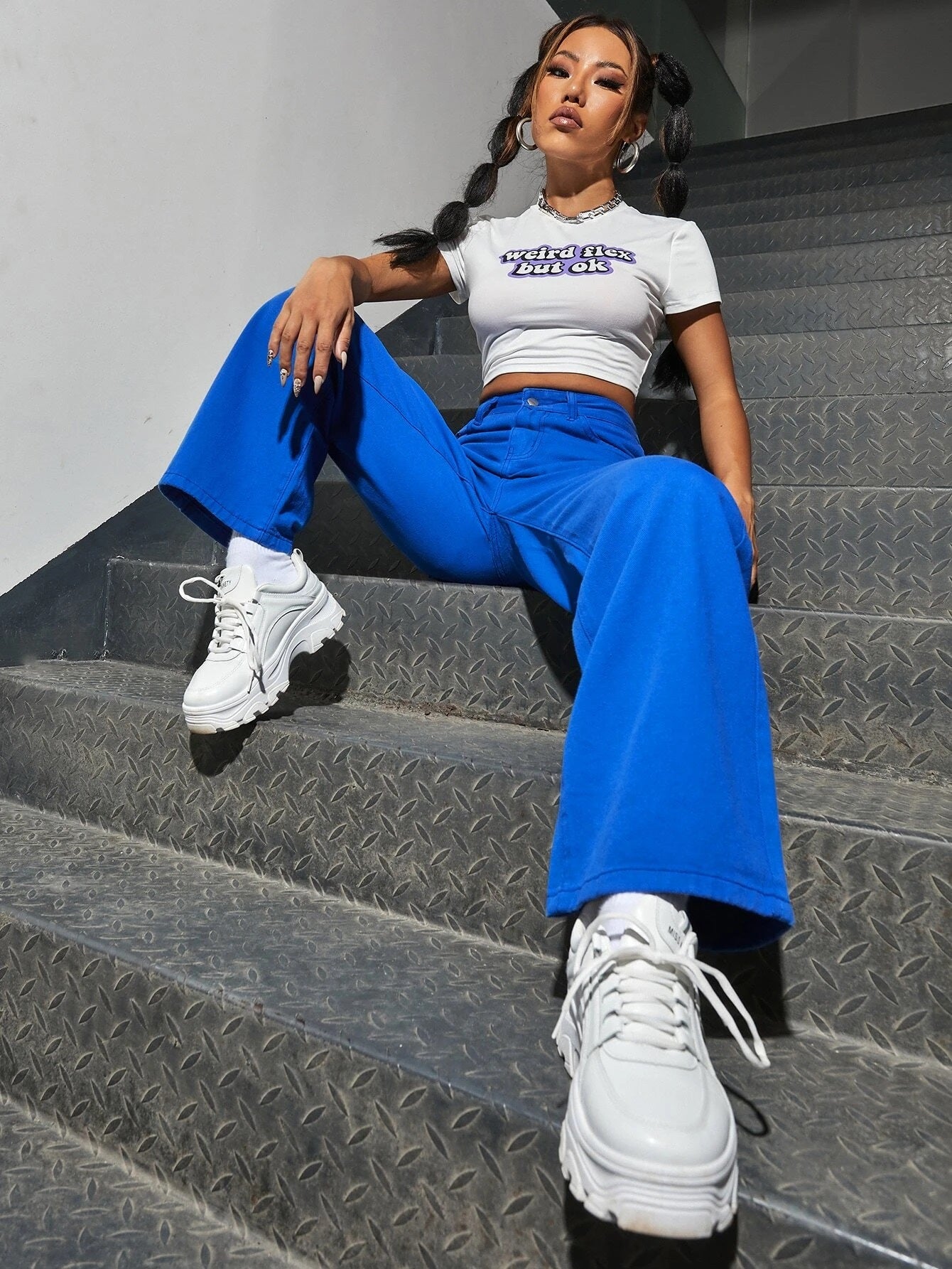 CM-BS513563 Women Preppy Seoul Style Slant Pocket High Waist Boyfriend Jeans - Blue