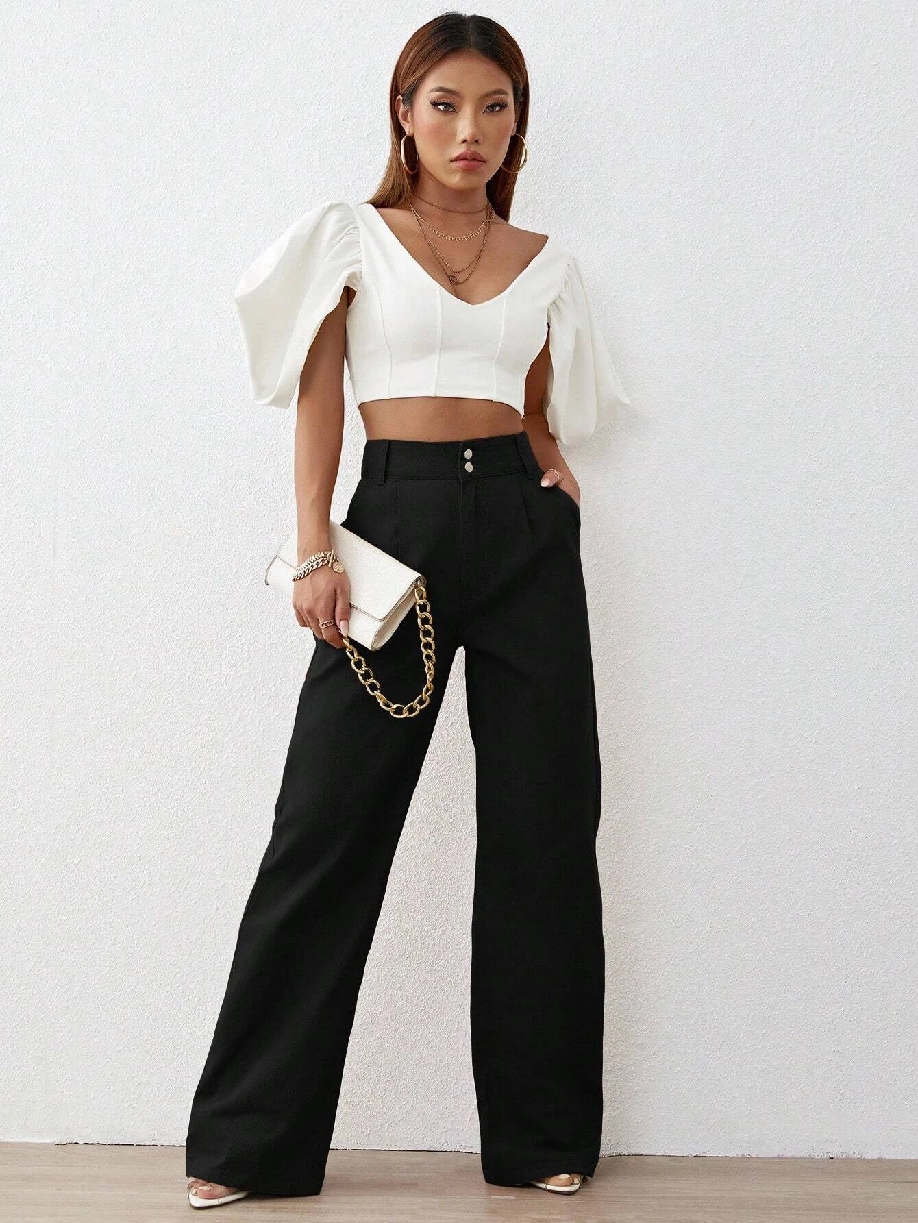 CM-BS432020 Women Preppy Seoul Style Solid High Waist Wide Leg Jeans - Black