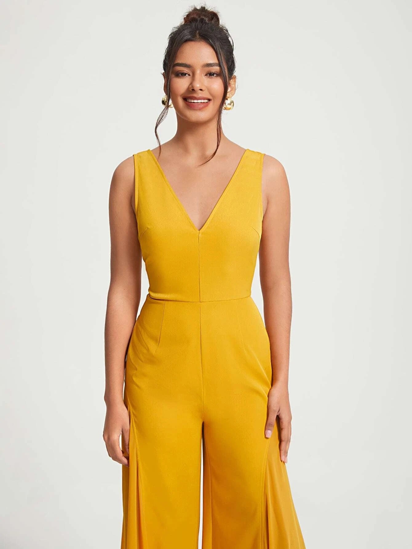 CM-JS555773 Women Elegant Seoul Style Sleeveless Solid Wide Leg Jumpsuit - Mustard Yellow