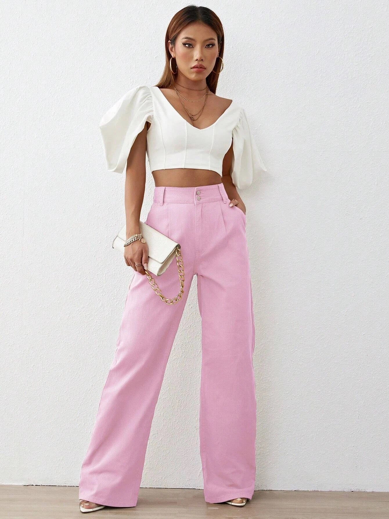CM-BS191594 Women Preppy Seoul Style Solid High Waist Wide Leg Jeans - Pink