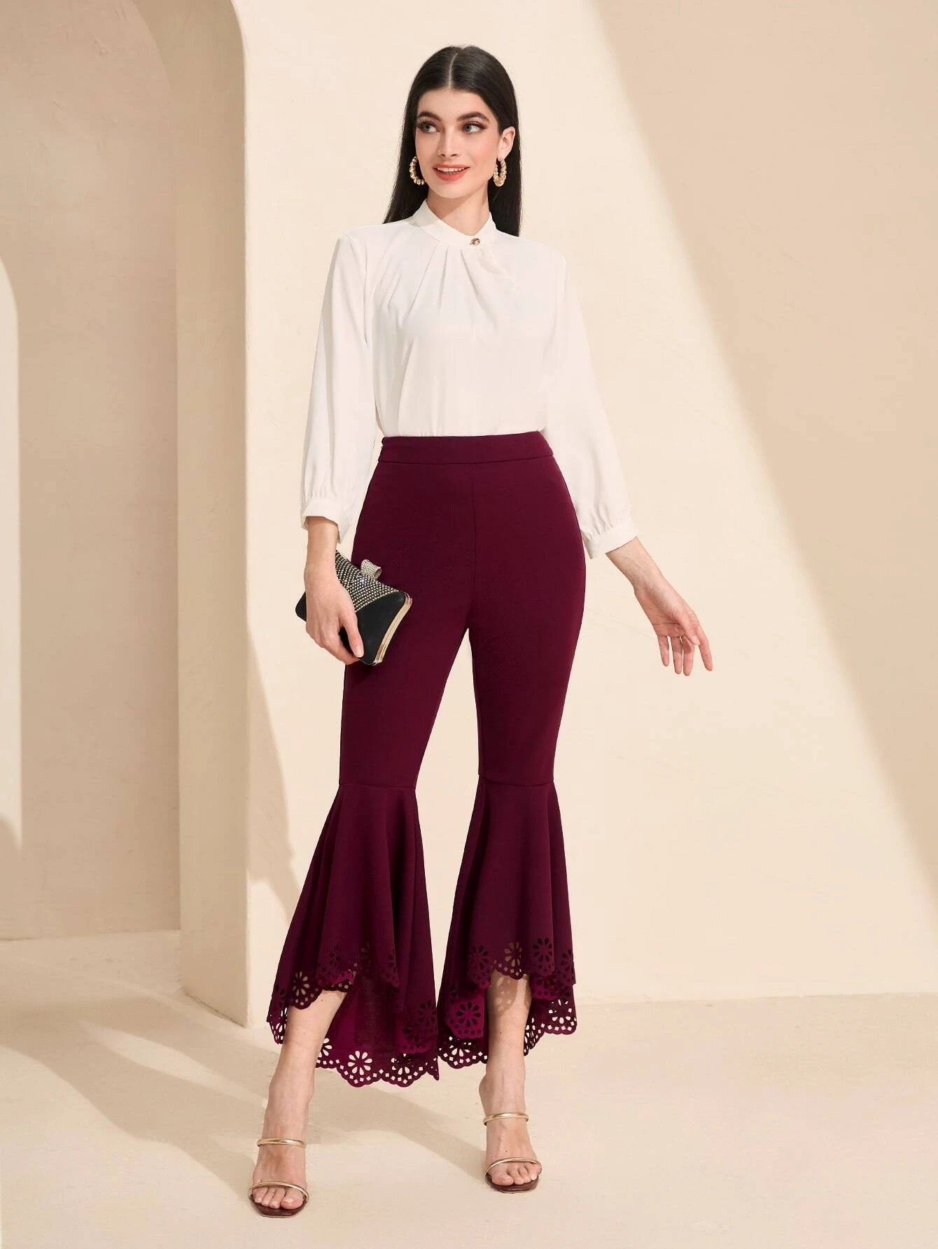 CM-BS098383 Women Casual Seoul Style Laser Cut Out High Low Hem Flare Leg Pants