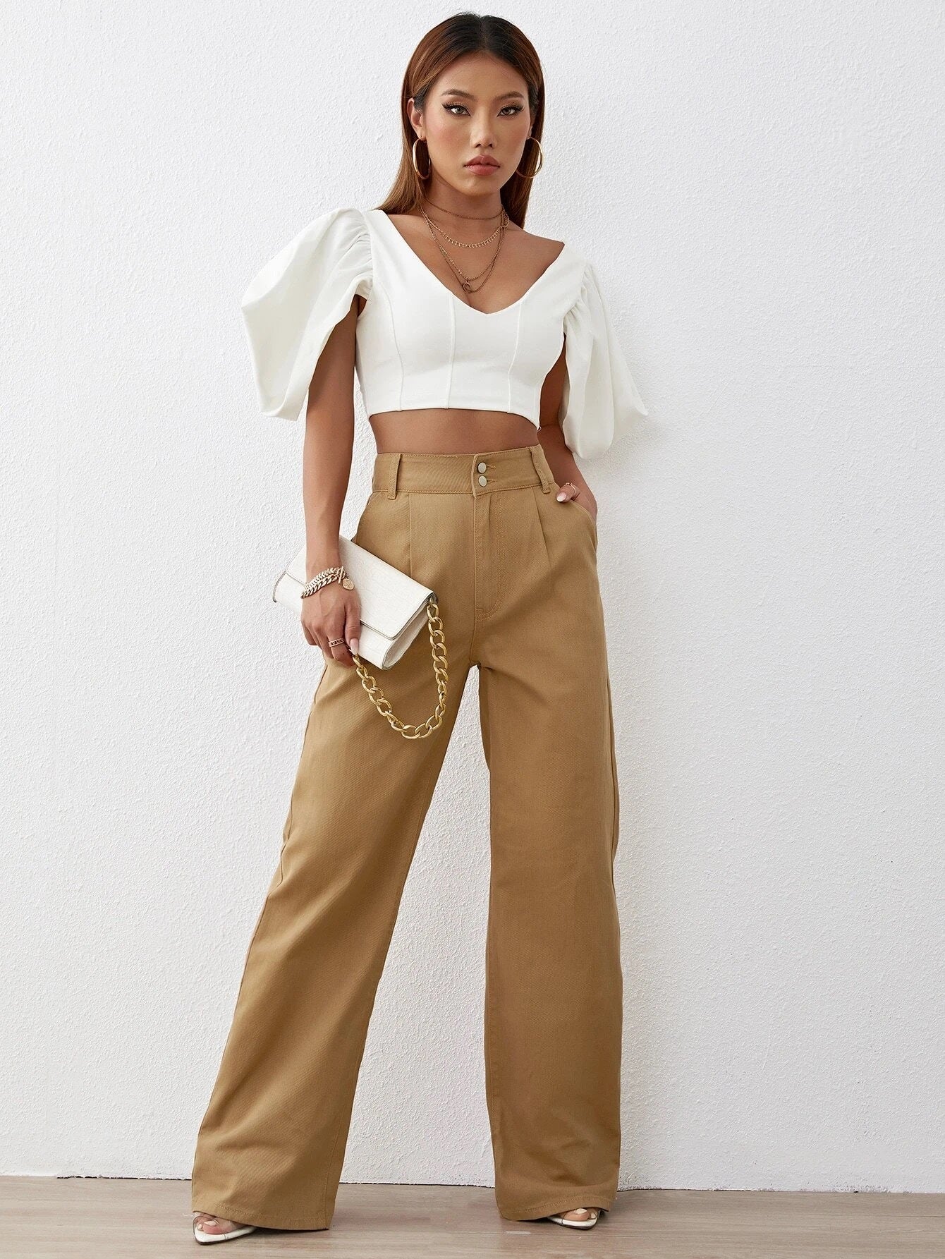 CM-BS228248 Women Preppy Seoul Style Solid High Waist Wide Leg Jeans - Brown