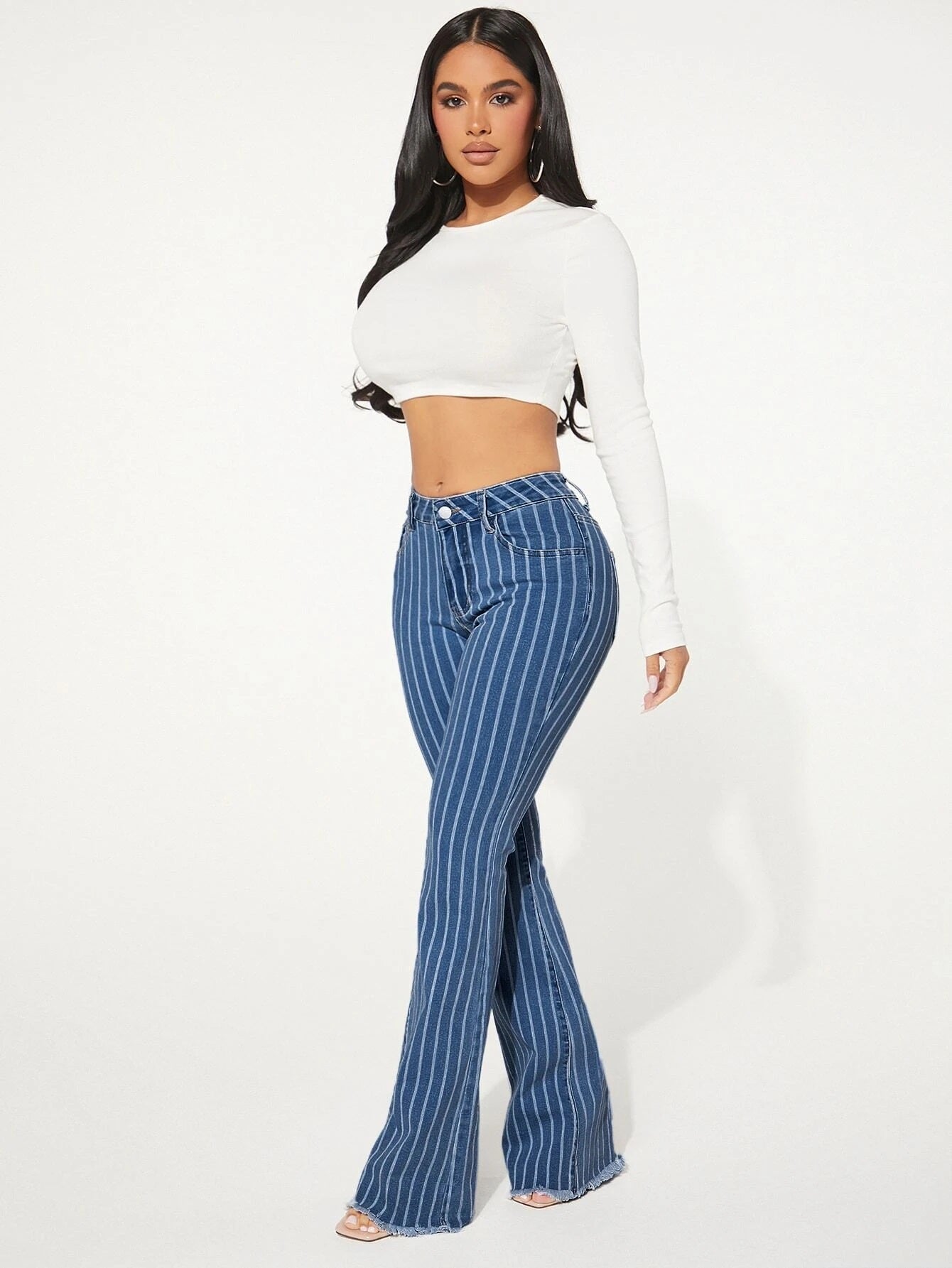 CM-BS367633 Women Preppy Seoul Style Medium Wash Drop Waist Striped Pattern Flare Leg Jeans