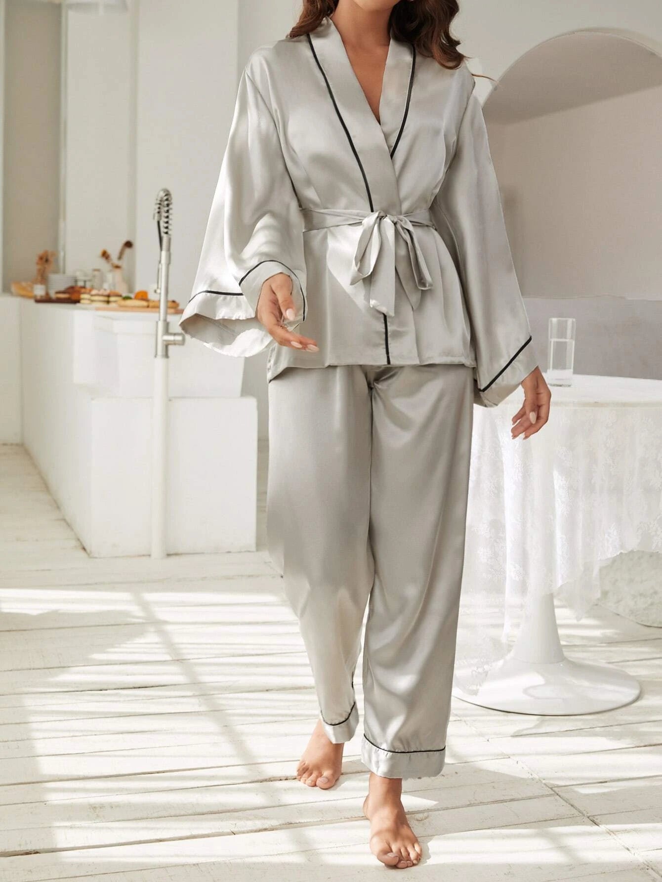 CM-LS926775 Women Trendy Seoul Style Contrast Piping Belted Satin Night Set - Light Gray