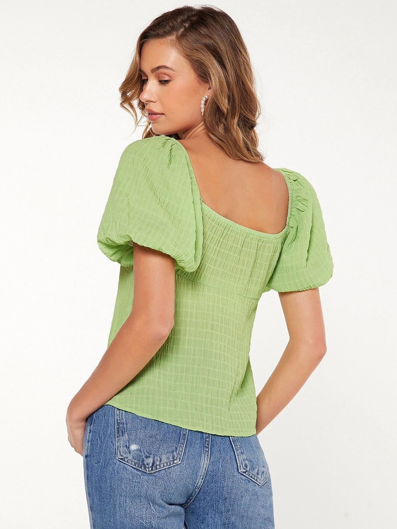 CM-TS707176 Women Casual Trendy Bohemian Style Ruched Bust Puff Sleeve Blouse - Lime Green