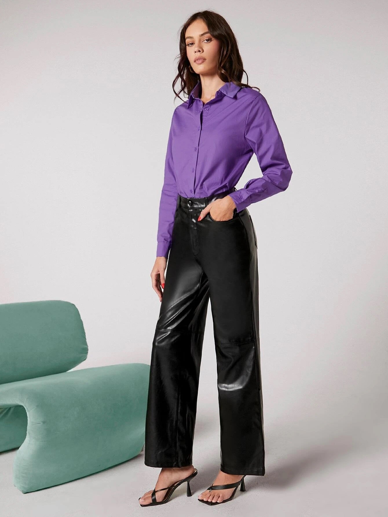 CM-BS111339 Women Elegant Seoul Style Zipper Fly Palazzo PU Pants - Black