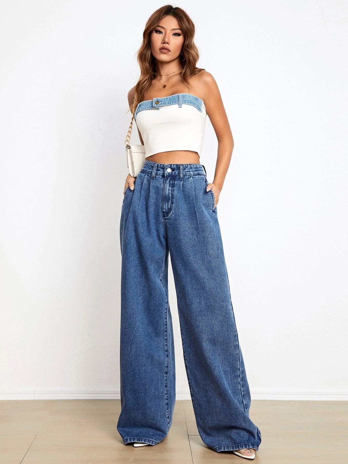 CM-BS350028 Women Casual Seoul Style Medium Wash Slant Pocket Wide Leg Jeans