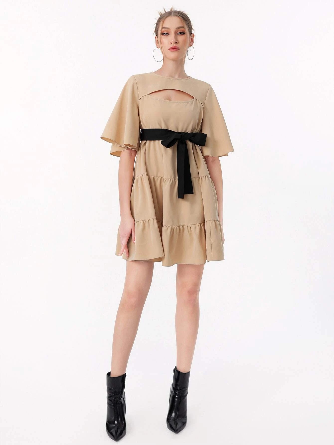 CM-DS558859 Women Elegant Seoul Style Cut Out Butterfly Sleeve Ruffle Hem Belted Dress