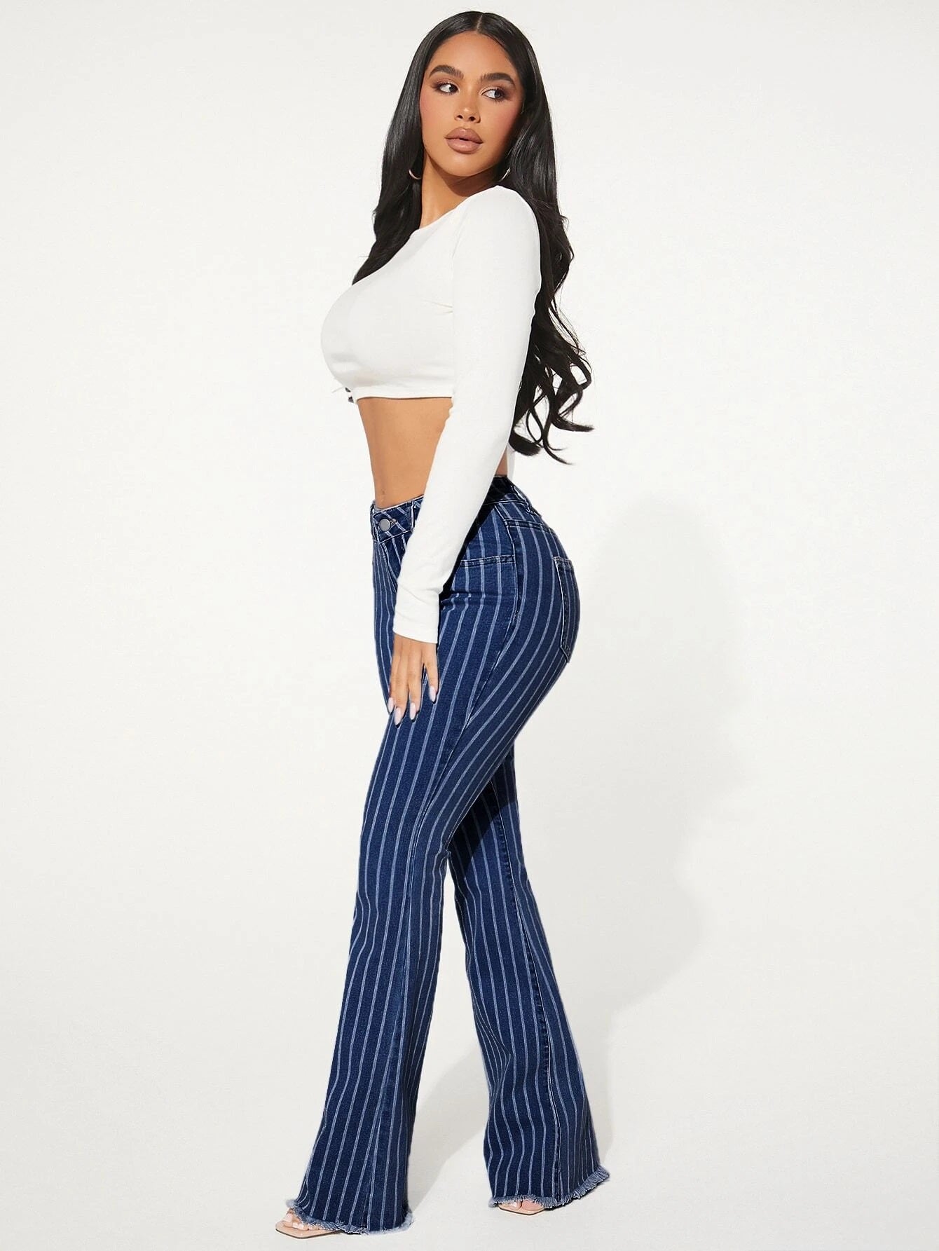 CM-BS332260 Women Preppy Seoul Style Dark Wash Drop Waist Striped Pattern Flare Leg Jeans