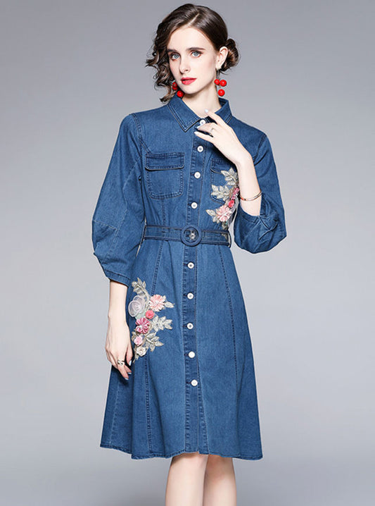 CM-DF081906 Women Retro European Style Single-Breasted Floral Embroidery Denim Shirt Dress