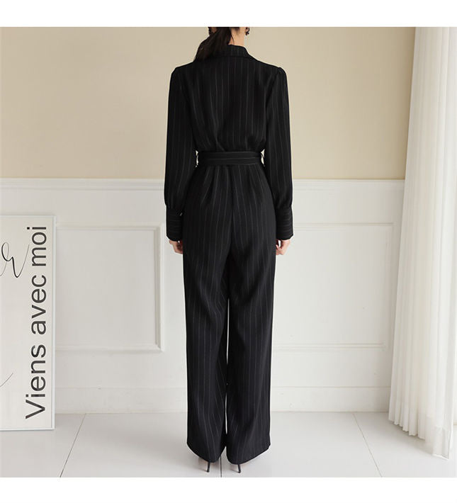 CM-JF092508 Women Elegant Seoul Style Tie High Waist Stripes Wide-Leg Long Jumpsuit