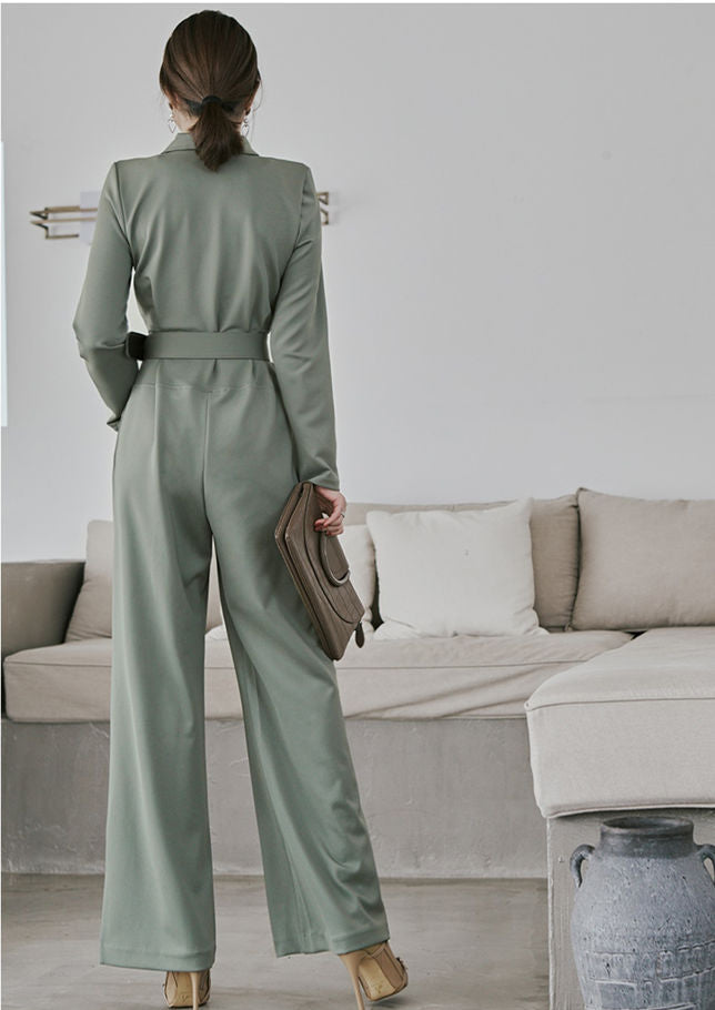 CM-JF120601 Women Elegant Seoul Style Belt Waist Tailored Collar Wide-Leg Long Jumpsuit