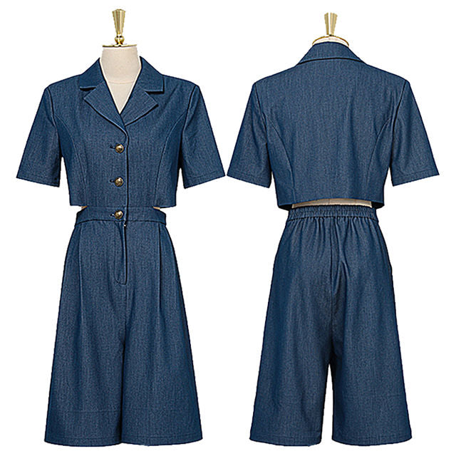 CM-JF040607 Women Preppy European Style Shirt Collar Backless Mid-Length Jumpsuit