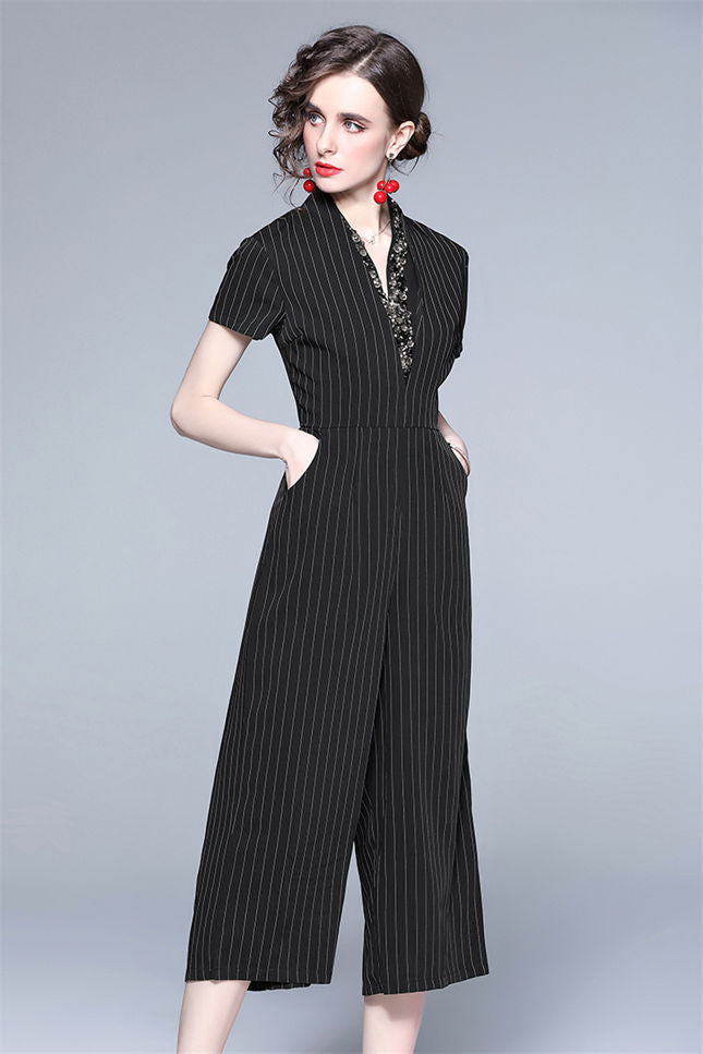 CM-JF041803 Women Casual European Style Rhinestones V-Neck Stripes Wide-Leg Jumpsuit