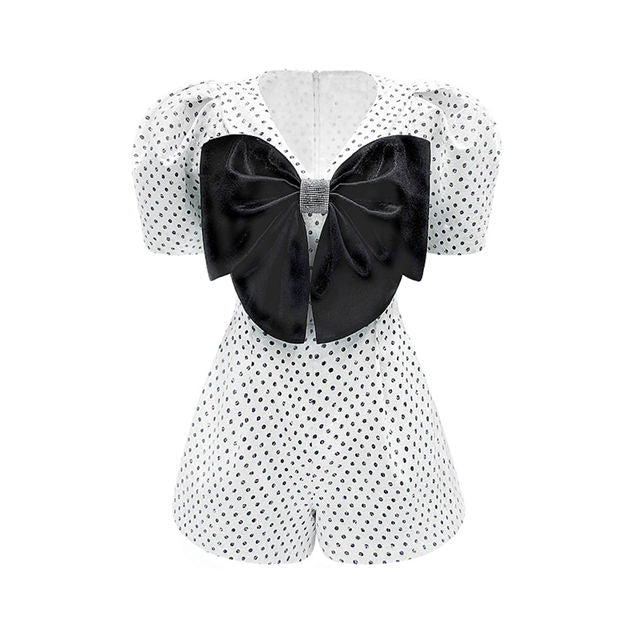 CM-JF042306 Women Preppy European Style Bowknot V-Neck Dots Puff Sleeve Jumpsuit