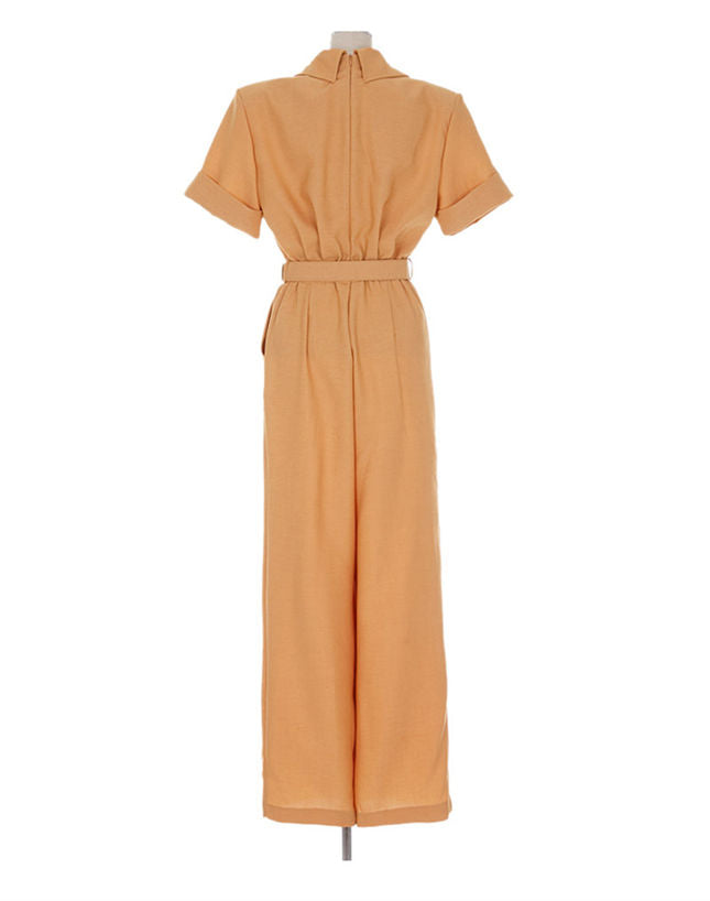 CM-JF050603 Women Casual European Style High Waist Tailored Collar Long Jumpsuit